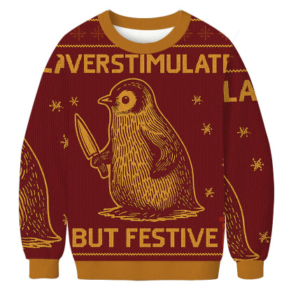 Tokyocanvas Penguin Overstimulated but Festive Christmas Ugly Sweatshirt