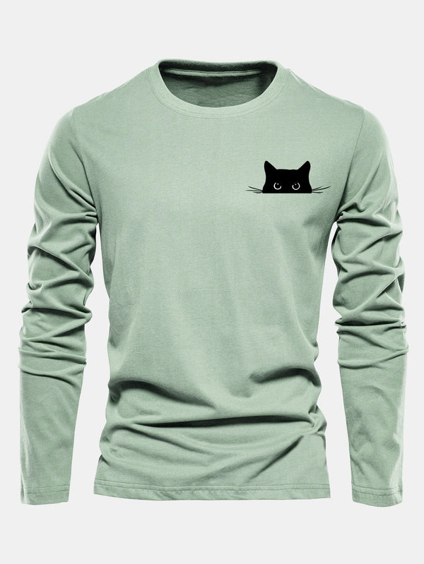 Long Sleeve Black Cat Print Cotton T-Shirt