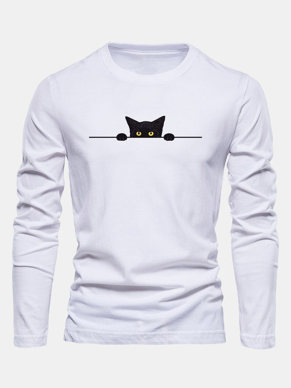Long Sleeve Black Cat Print Cotton T-Shirt