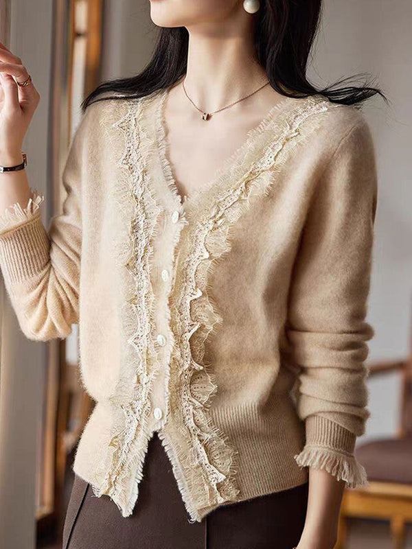 Cardigan en Tricot en Dentelle Élégant V-Neck Emma