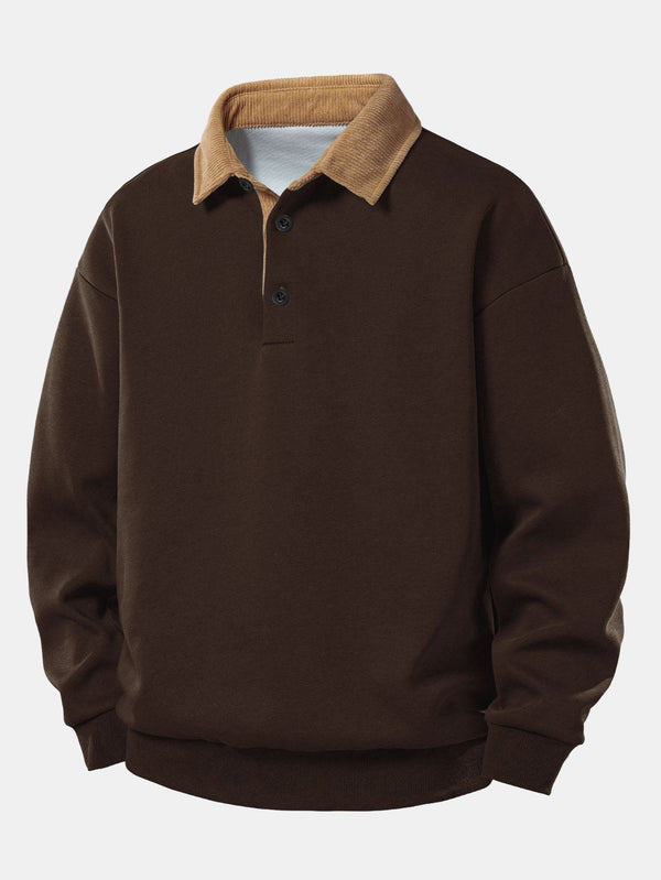 Relax Fit Contrast Corduroy Polo Collar Sweatshirt