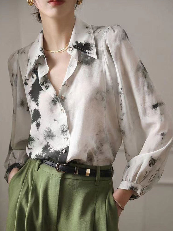 Chemise imprimée à col polo rétro Jessica à manches bouffantes