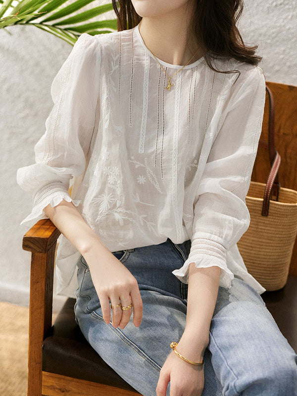 Claire Haut à Col Rond Retro de Couleur Unie Brodé