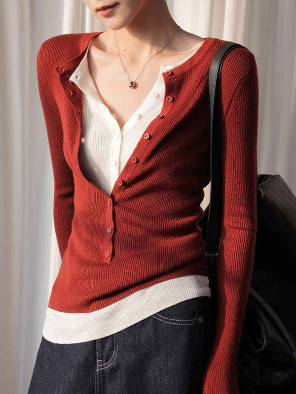 Kayla Slim V-Neck Mock Deux-Pièces Top Tricoté