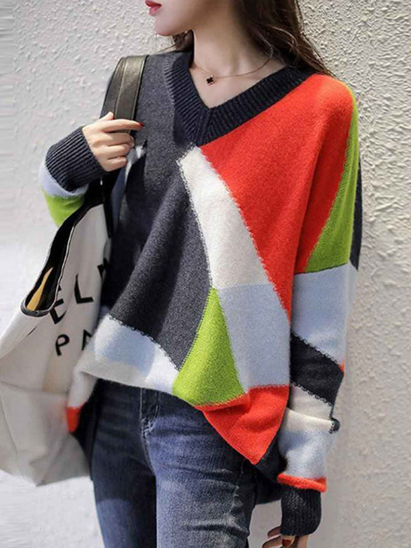 Pull en tricot colorblock à col V décontracté Zoe