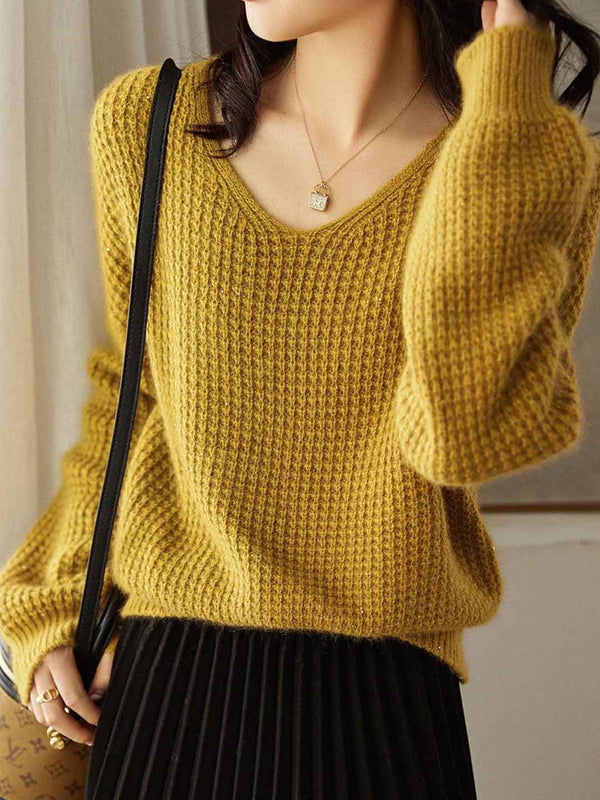Pull en tricot à col en V Jessica Loose de couleur unie