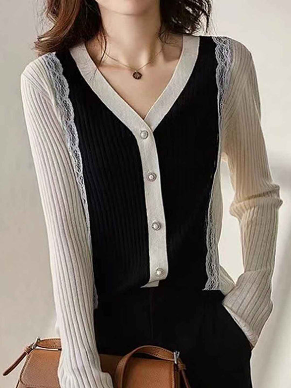 Cardigan Tricoté Slim V-Neck en Dentelle Charlotte