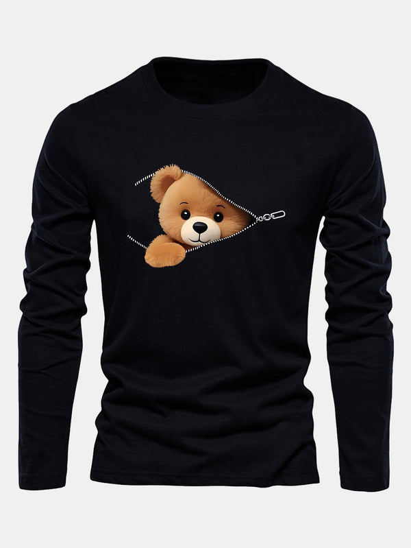 Long Sleeve Zipper Bear Print Cotton T-Shirt