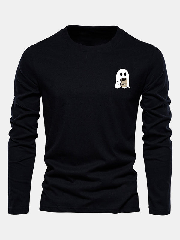 Long Sleeve Ghost Drinking Coffee Print Cotton T-Shirt