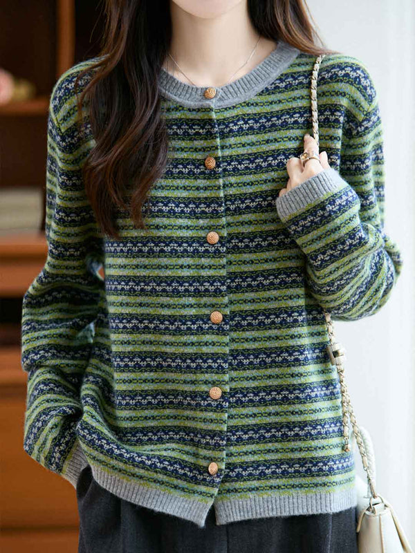 Cardigan en tricot jacquard à rayures Kimberly Vintage à col rond
