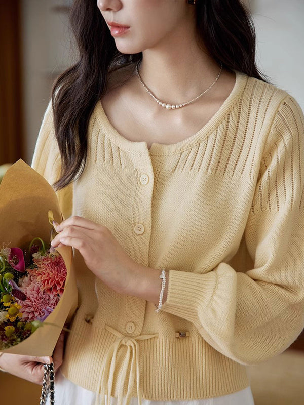 Cardigan Tricoté à Col Rond Rétro Peyton avec Perles et Cordon de Serrage