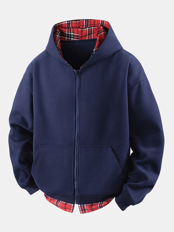 2 In 1 Plaid Zipper Kangaroo Pocket Hoodie