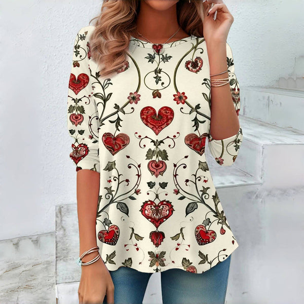 【Manches Longues】T-Shirt Vintage Avec Imprimé Cœur