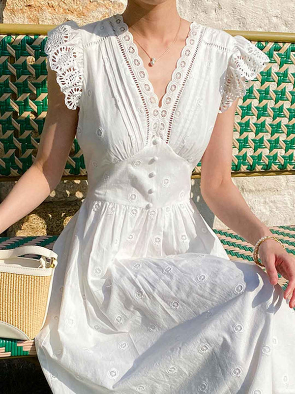 Robe A-line brodée à col en V vintage Olivia