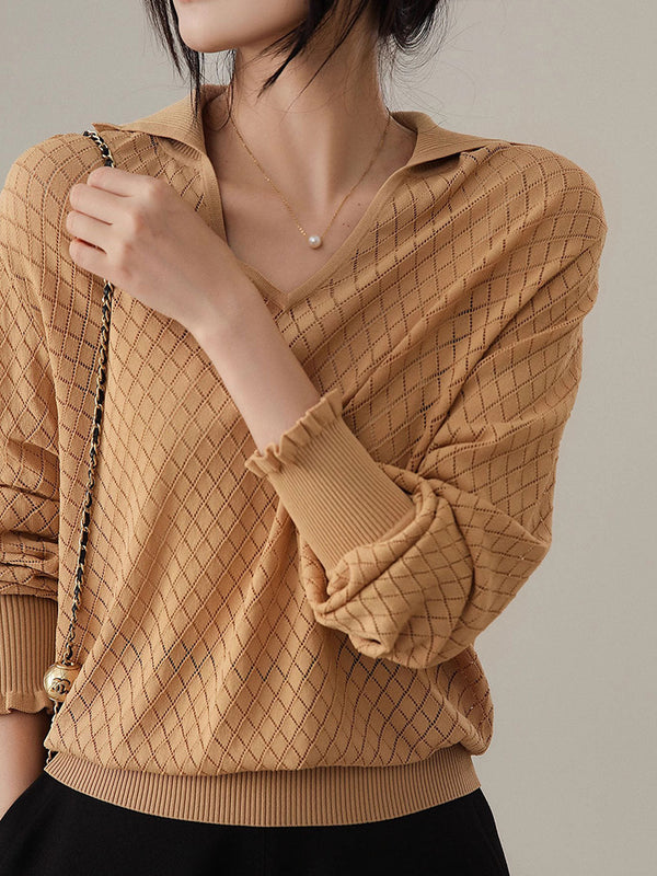 Ashley Classic V-Neck Hollow Solid Color Knitted Top-Camel