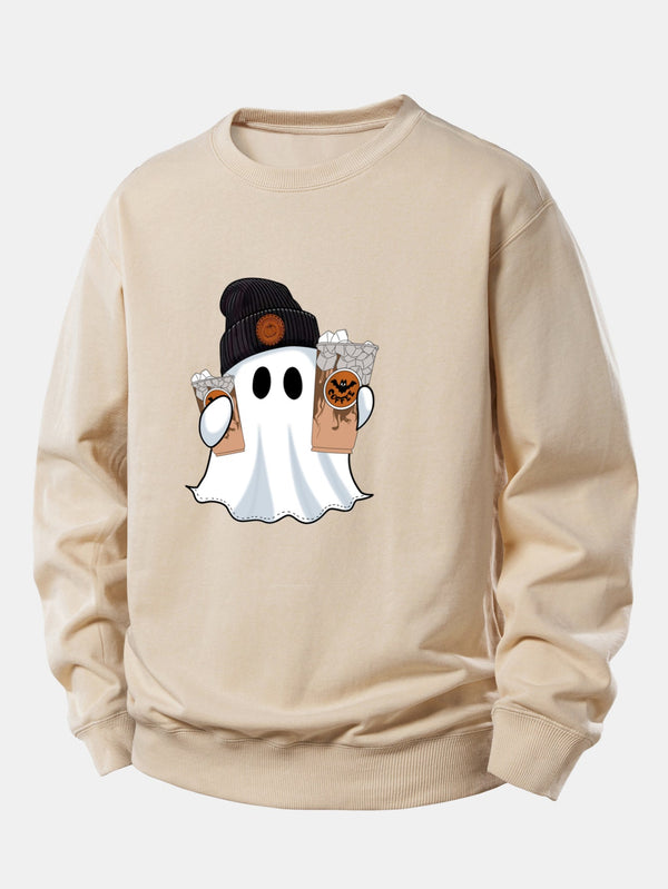 Pull Décontracté avec Motif de Fantôme d'Halloween et Tasse de Café