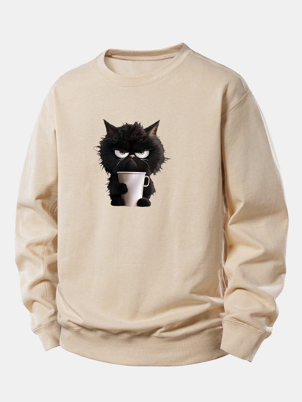 Black Cat Drinking Coffee Print Relax Fit Sweatshirt
