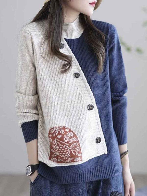 Mya Pull Tricoté Colorblock Col Rond - Bleu