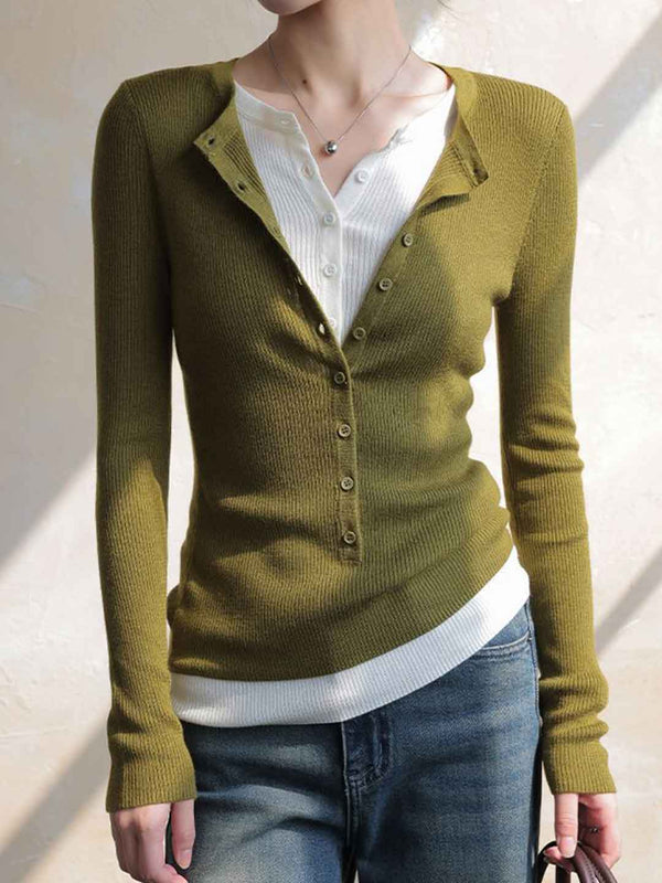 Kayla Slim V-Neck Mock Deux-Pièces Haut Tricoté