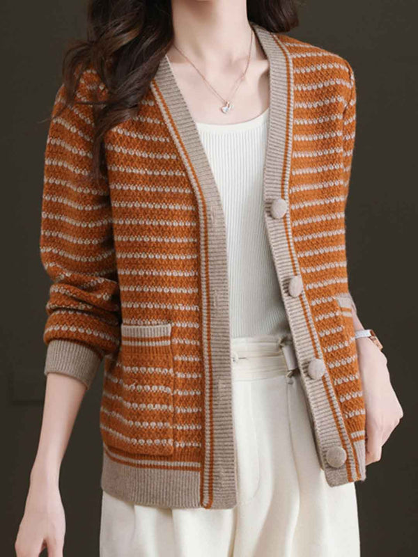 Cardigan Tricoté Rayé Aaliyah à Col Ronde Casual
