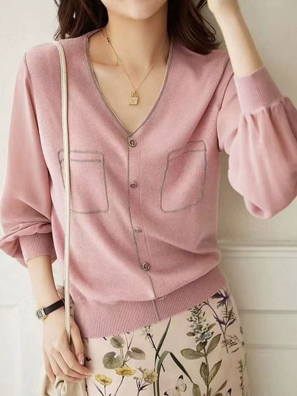 Olivia Haut Tricoté à Col V Détendu avec Manches Lanternes