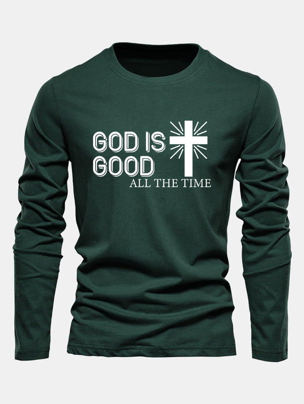 Long Sleeve God Is Good Cross Print Cotton T-Shirt