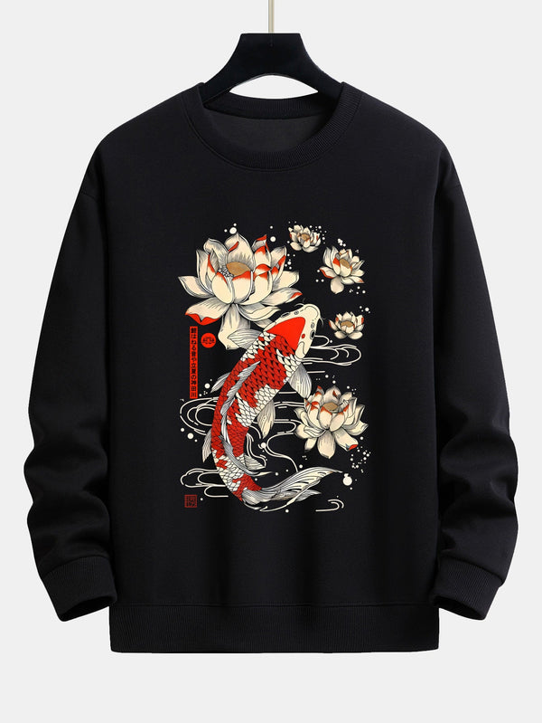 Koi Fish Lotus Print Relax Fit Sweatshirt