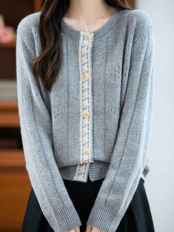 Cardigan en tricot à col rond lâche Julia, couleur unie, en dentelle