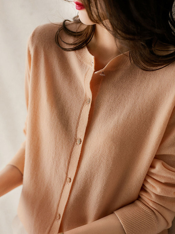 Cardigan Tricoté Classique à Col Rond Couleur Unie - Rose Clair