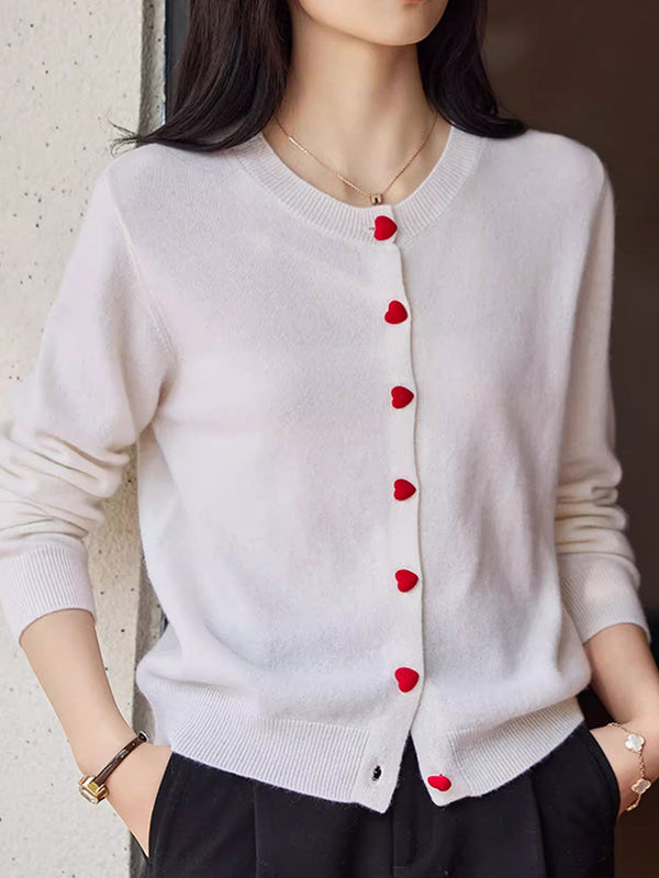 Cardigan en Maille à Col Rond Élégant avec Bouton en Forme de Cœur Raya