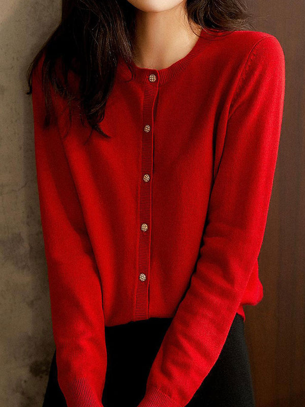 Cardigan Tricot Classique à Col Rond Couleur Unie - Rouge