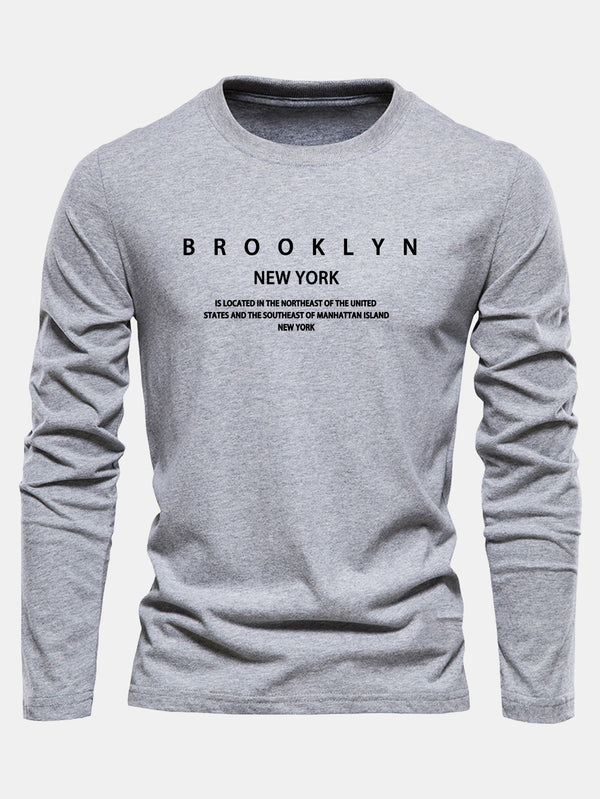 Long Sleeve NY Brooklyn Print Cotton T-Shirt