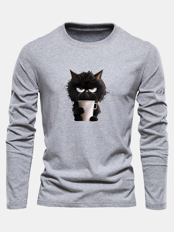 Long Sleeve Black Cat Drinking Coffee Print Cotton T-Shirt