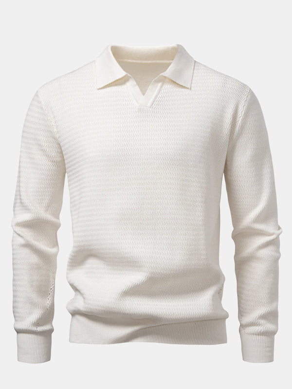 Long Sleeve Wave Jacquard V Neck Knit Polo Shirt