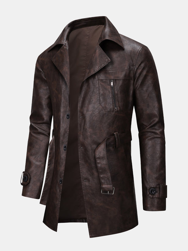 Long Line PU Leather Trench Coat