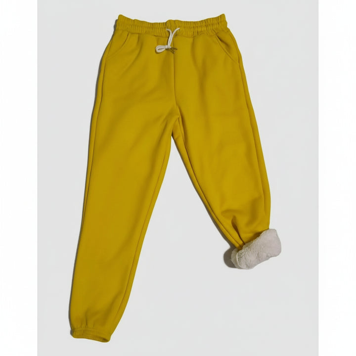 Bright yellow winter fleece pants with soft cuffs and adjustable waist for comfort and warmth.