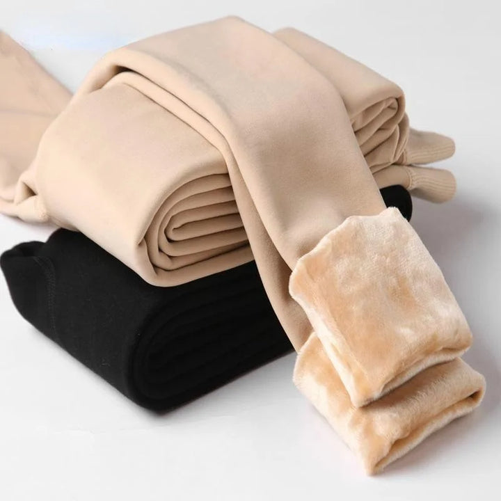 Women's Warm Velvet Tights, High Waist Leggings in beige and black colors, folded and ready for stylish wear.