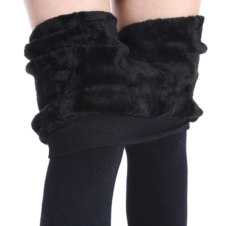 Women's Warm Velvet Tights, High Waist Leggings showcasing luxurious soft velvet fabric in a stylish black color.