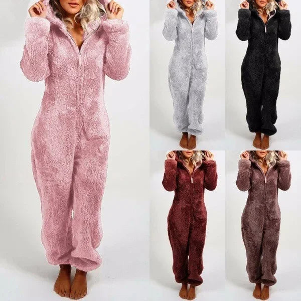 Vente chaude de la saison automne hiver combinaison pyjama en molleton épais pour femmes avec capuche style décontracté