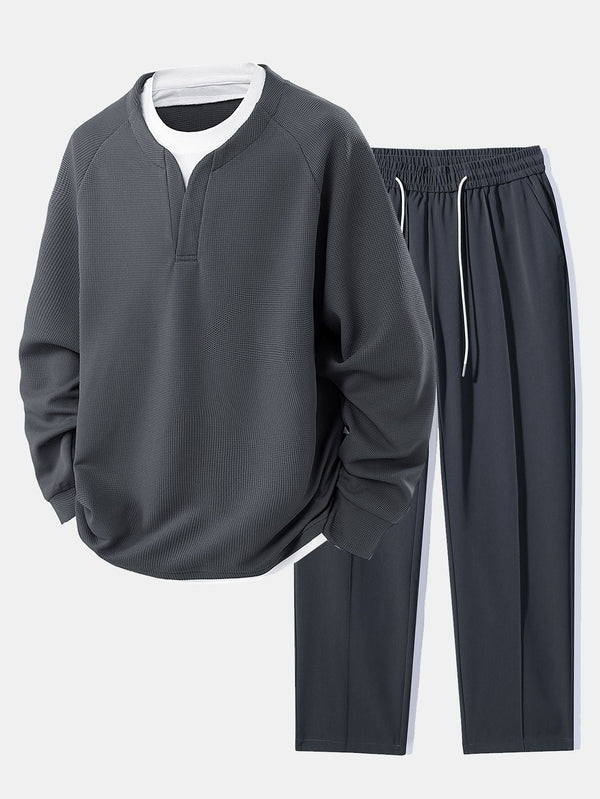 Raglan Sleeve 2 In 1 Waffle T-Shirt & Single Pleat Drawstring Straight Leg Pants